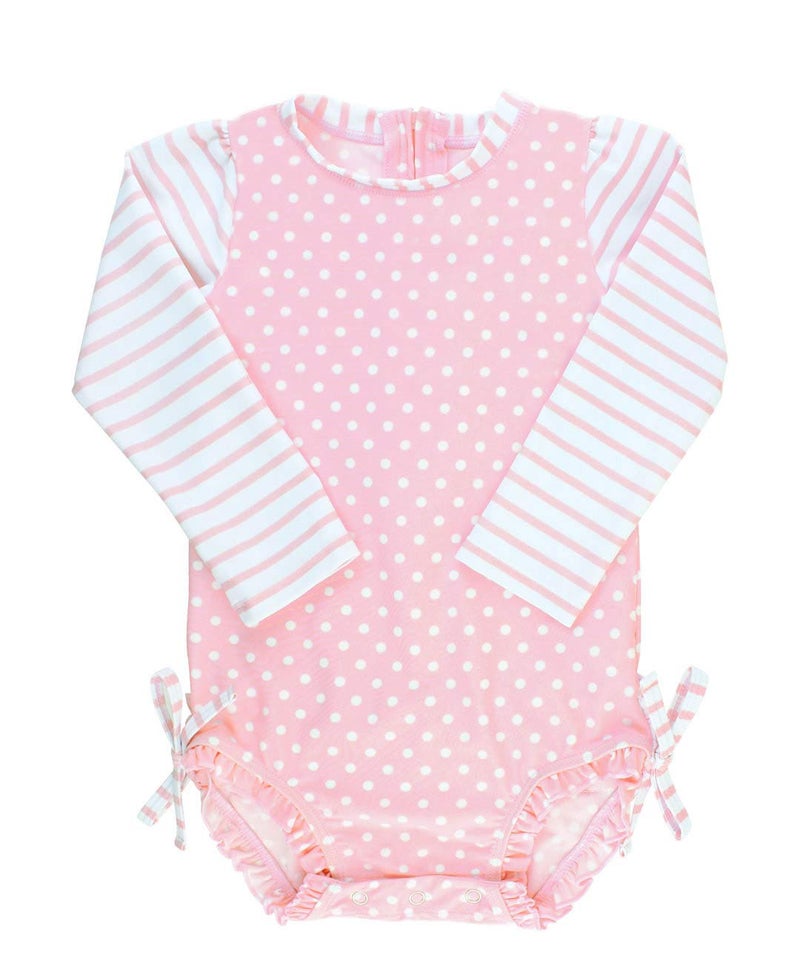 RuffleButts Baby Girls UPF 50+ Sun Protection Polka Dot Long Sleeve One Piece Rash Guard Swimsuit with Zipper - Pink Polka, 3T - Image 1
